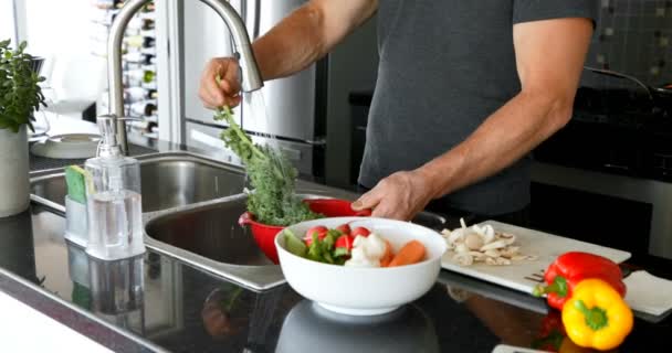 Man washing vegetable under water tap in kitchen at home 4k - Video