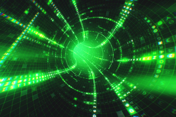 Túnel de datos viaje 3d ilustración Disparo dentro de cable de fibra óptica. Transmisión de información digital como señal binaria
 - Foto, Imagen