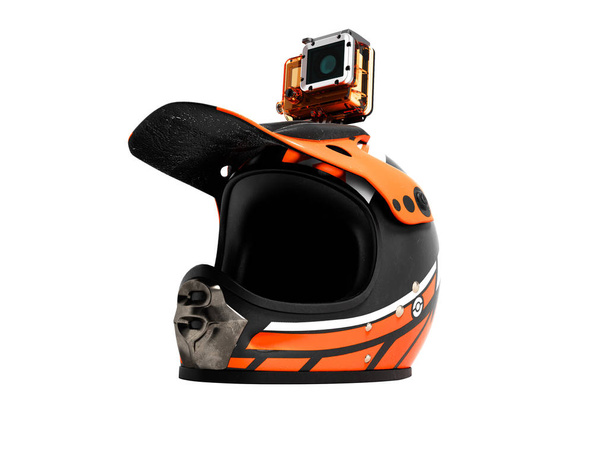 Moderní oranžové helmy s akční kamerou Zobrazit pohled zdola vykreslování 3d objektů na bílém pozadí bez stínu - Fotografie, Obrázek