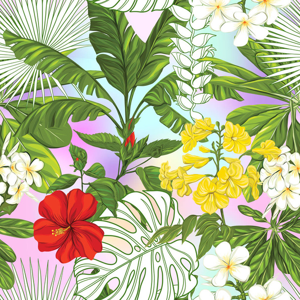 nahtloses Muster, Hintergrund mit tropischen Pflanzen: Monstera, Strelitzia, Bougainvillea,  - Vektor, Bild