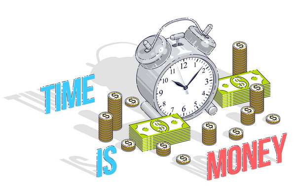 El tiempo es letras de dinero, mesa Reloj despertador con dinero en efectivo pilas y pilas de monedas aisladas en el fondo blanco
 - Vector, Imagen