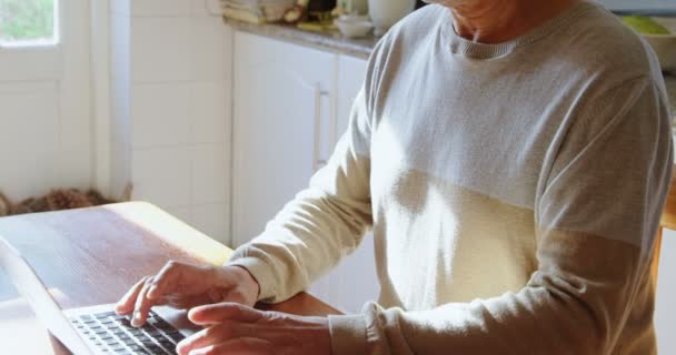 Senior man using laptop in kitchen at home 4k - 映像、動画