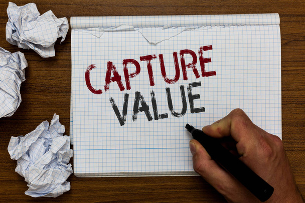 Handwriting text Capture Value. Concept meaning Customer Relationship Satisfy Needs Brand Strength Retention Man holding marker notebook crumpled papers ripped pages mistakes made. - Photo, Image