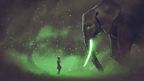 young woman facing the giant elephant with glowing green tusks, digital art style, illustration painting - Photo, Image