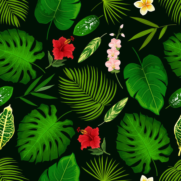 Trópusi virág és Pálma levél zökkenőmentes minta - Vektor, kép