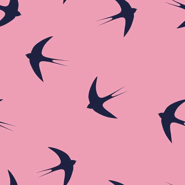 Naadloze patroon met donkerblauw slikken vogels op een roze achtergrond. Het kan worden gebruikt voor de verpakking van geschenken, stoffen en websites. Vectorillustratie. - Vector, afbeelding