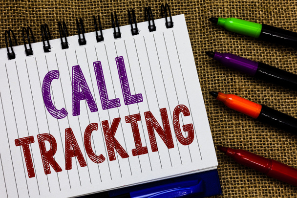 Text sign showing Call Tracking. Conceptual photo Organic search engine Digital advertising Conversion indicator Open spiral notebook page jute background colorful markers Expressing ideas. - Photo, Image