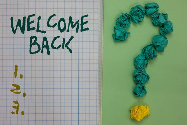 Text sign showing Welcome Back. Conceptual photo Warm Greetings Arrived Repeat Gladly Accepted Pleased Notebook paper crumpled papers forming question mark green background. - Photo, Image
