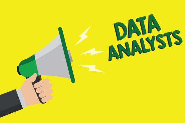 Text sign showing Data Analysts. Conceptual photo Programmer Design and Create Report Identifies patterns Man holding megaphone loudspeaker yellow background message speaking loud. - Photo, Image
