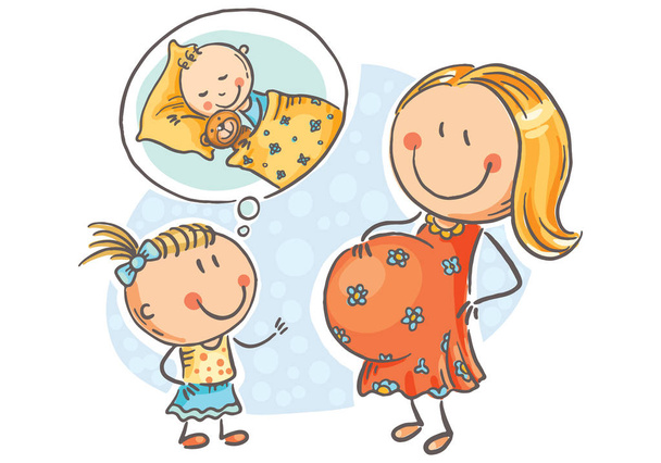 Pregnant mother and little daughter talking about the future baby, vector illustration - Vector, Image