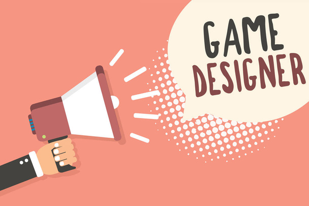 Conceptual hand writing showing Game Designer. Business photo showcasing Campaigner Pixel Scripting Programmers Consoles 3D Graphics Man holding megaphone speech bubble pink background halftone. - Photo, Image