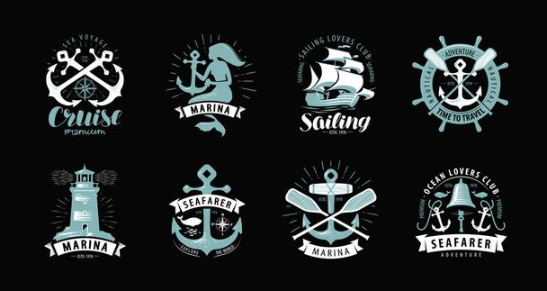海事の主題、ロゴやラベル。クルーズ、海洋概念ベクトル - ベクター画像