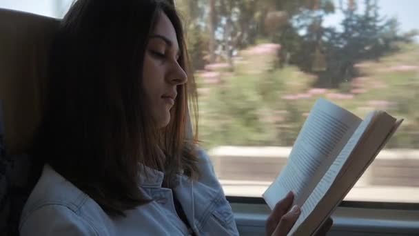 Young woman traveling by bus and reading book. Girl is traveling in the car in front of the window - Filmagem, Vídeo