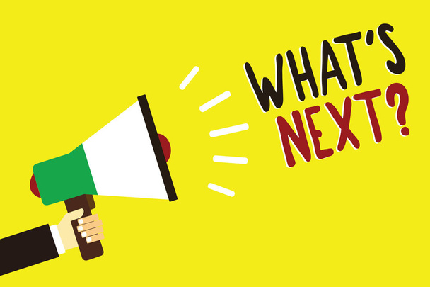 Text sign showing What s is Next question. Conceptual photo Get information Ask Query Investigate Probes Explore Man holding megaphone loudspeaker yellow background message speaking loud. - Photo, Image