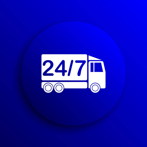 24 7 levering vrachtwagen pictogram. Internet knop op blauwe achtergrond - Foto, afbeelding