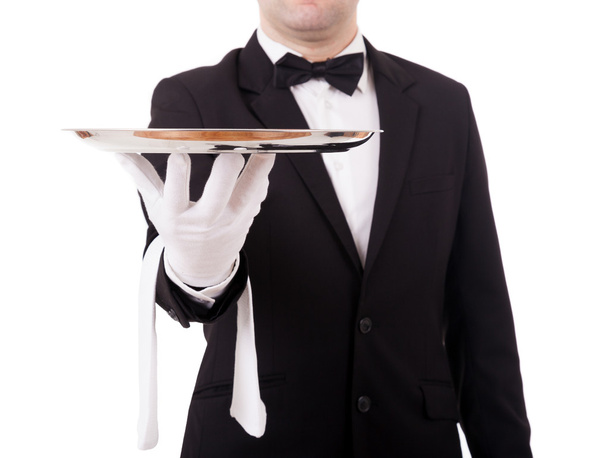 przycięty obraz młody kelner, przytrzymanie puste naczynie na b biały - Zdjęcie, obraz