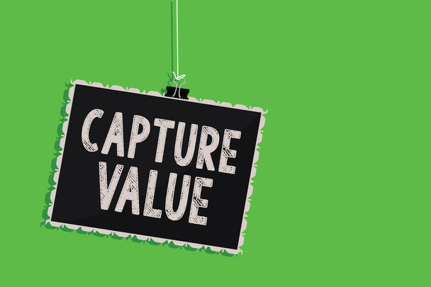 Text sign showing Capture Value. Conceptual photo Customer Relationship Satisfy Needs Brand Strength Retention Hanging blackboard message communication information sign green background. - Photo, Image