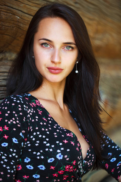 Portrait of a beautiful young brunette woman in dress on a background of old wooden wall - Фото, зображення