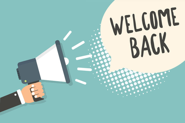 Handwriting text Welcome Back. Concept meaning Warm Greetings Arrived Repeat Gladly Accepted Pleased Man holding megaphone loudspeaker speech bubble blue background halftone. - Photo, Image