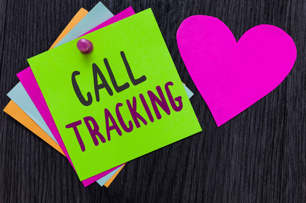 Text sign showing Call Tracking. Conceptual photo Organic search engine Digital advertising Conversion indicator Papers Romantic lovely message Heart Good feelings Wooden background. - Photo, Image