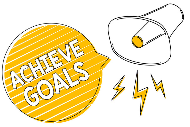 Handwriting text writing Achieve Goals. Concept meaning Results oriented Reach Target Effective Planning Succeed Megaphone loudspeaker yellow speech bubble stripes important loud message. - Photo, Image