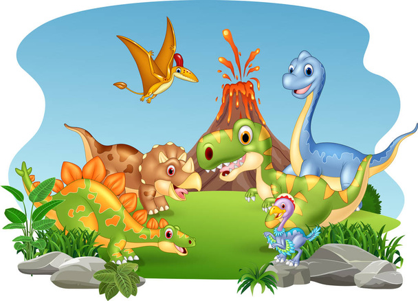 Vektoros illusztráció rajzfilm boldog dinoszauruszok a dzsungelben - Vektor, kép