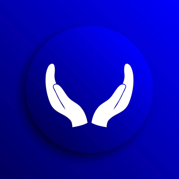 Icono de manos protectoras. Botón de Internet sobre fondo azul
 - Foto, Imagen
