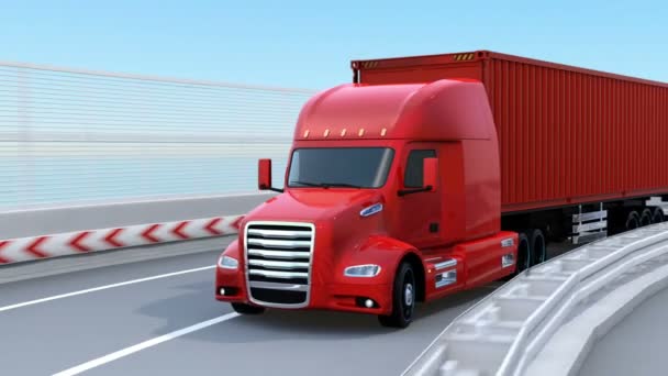 Μεταλλικό κόκκινο κυψελών καυσίμου τροφοδοτείται αμερικανικό φορτηγό οδήγησης στον αυτοκινητόδρομο. 3D rendering animation. - Πλάνα, βίντεο