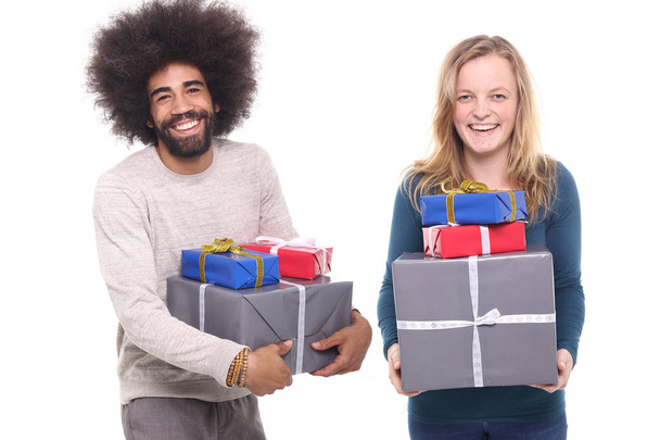 Happy afro-american man and caucasian woman at christmas time - Foto, imagen