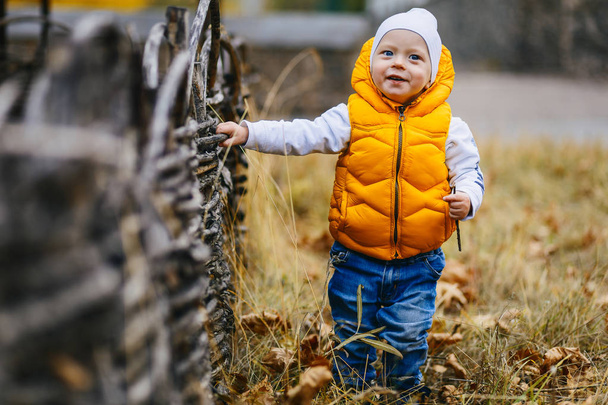one-year-old smiling child in a yellow vest and jeans in autumn - Photo, image