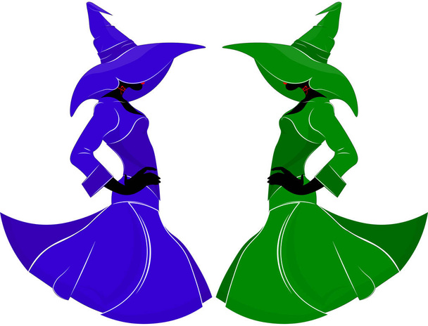 Sylwetka smukła czarownica w strój i kapelusz z szerokim brzegi w stylu mody, niebieski i zielony na na białym tle. - Wektor, obraz