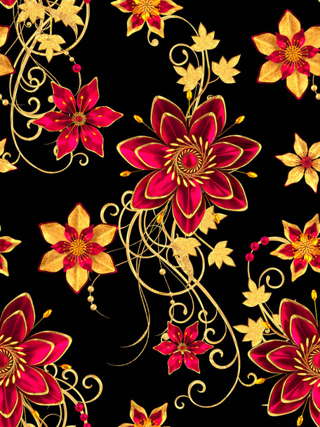 3d rendering. Golden stylized flowers, delicate shiny curls, paisley element, seamless pattern. - Photo, image