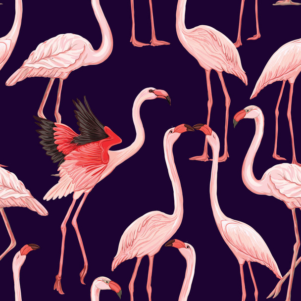Vector seamless pattern, background with flamingo and tropical plants  - Wektor, obraz