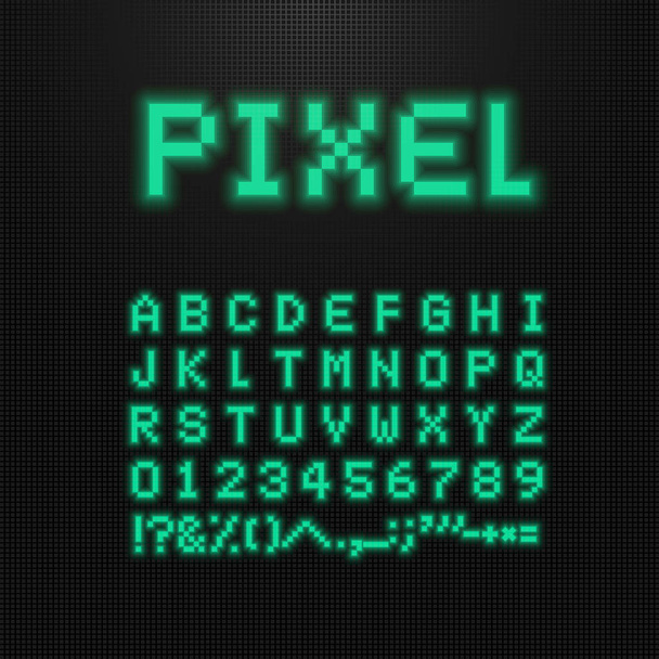 Шрифт Pixel, векторні літери, цифри та знаки на старому екрані комп'ютера. 8 бітових відеоігор. Ретро цифровий abc. Зелені точки літери на чорному фоні
. - Вектор, зображення