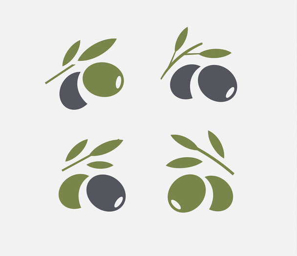 Набір логотипів Olive. Чорна стигла і зелена оливкова гілка з листям. Емблеми продуктів харчування. Простий дизайн логотипу
. - Вектор, зображення