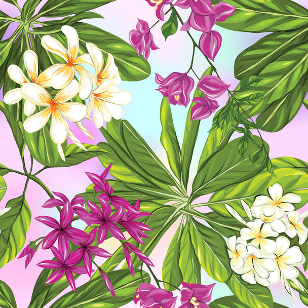 Seamless pattern, background with tropical plants: monstera,  strelitzia,  bougainvillea,  - Vector, Image