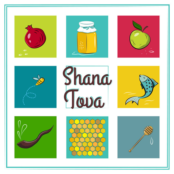 Shana Tova κάρτα εικονίδια του Ρος Χασανά, Εβραϊκές νέο έτος  - Διάνυσμα, εικόνα