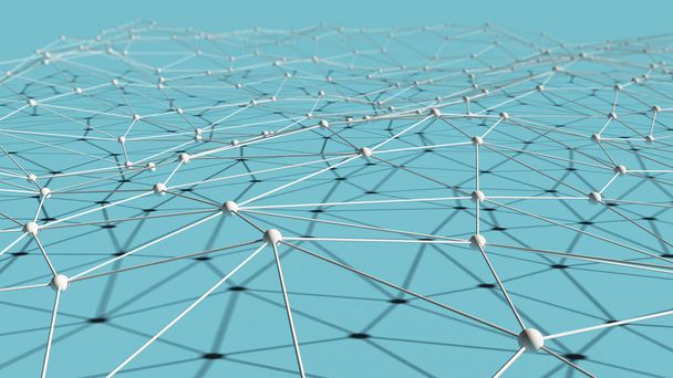 Белые цифровые данные и сети связи треугольных линий и сфер в технологической концепции на синем фоне, 3D абстрактной иллюстрации
 - Фото, изображение