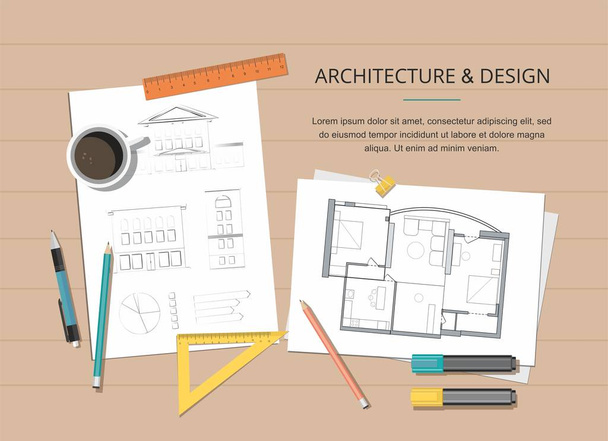 Workplace - Construction project architect house plan with tools, and house drawing. Construction background.   - Vector, Image