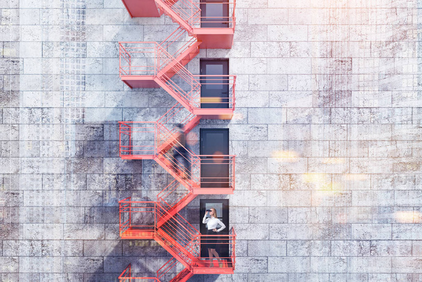 Modern building exterior with concrete brick walls, grey doors and red emergency exit stairs. Concept of plan b and creative thinking. 3d rendering mock up toned image double exposure - Foto, imagen