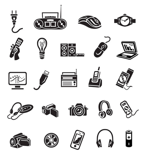 Набор иконок электроники в минималистском стиле. Черный знак на белом фоне. Мышь, аккумулятор, наушники, радио, часы, лампочка, электрическая лампа, вилка, вольтметр и прочее
 - Вектор,изображение