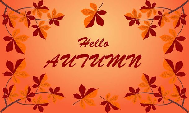 Hello Autumn background with leaves and branch chestnuts. - Vector, Image