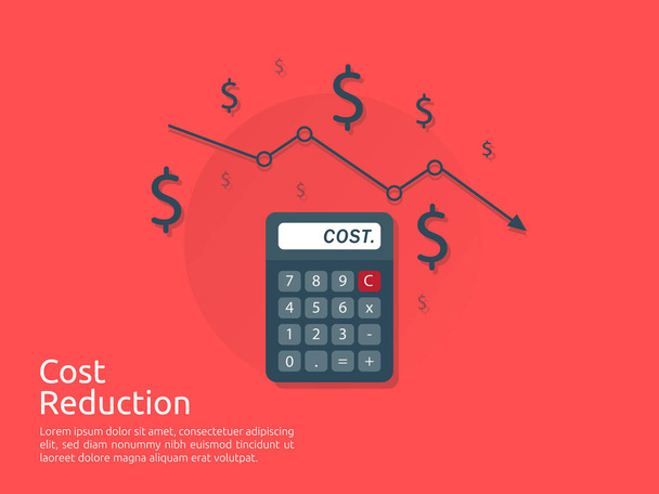 cost reduction concept. calculator and arrow line decrease. dollar money fall down symbol. economy stretching rising drop. Business lost crisis. bankrupt icon. banner vector illustration. - Vector, Image
