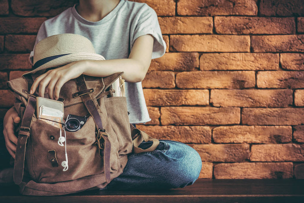 Young woman with backpack . Concept of travel. - Fotoğraf, Görsel