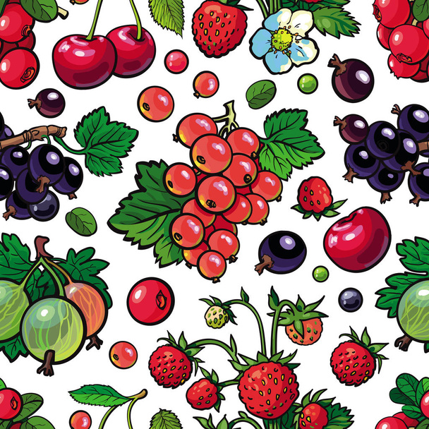Sketch garden berries, leaves and flowers seamless pattern. - Wektor, obraz
