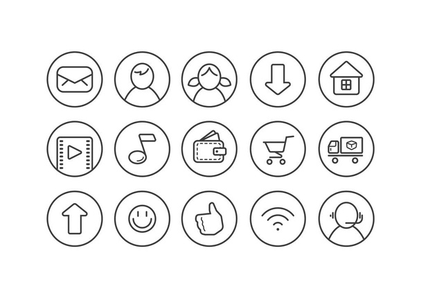 Set of black and white line art internet theme icons for a web page in a round frame - Vector, Image