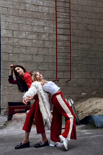 Growth portrait of two fashion young girl posing on the backyard. Stylish woman in a red suit and in white fur and sport red pants .Red ladder on brick wall background.Concept laying on steping.Creative - Zdjęcie, obraz