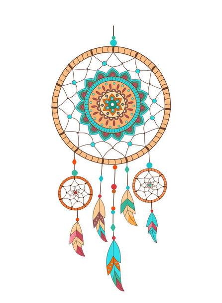Dreamcatcher with precious stones and feathers. Ethnic vector illustration. - Вектор, зображення