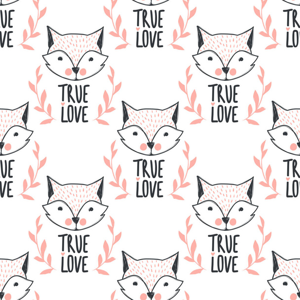Fashion fox seamless pattern. Cute foxes illustration in sketch style. - Vector, Image
