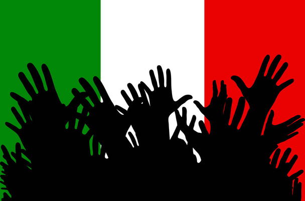 イタリアの国旗のシルエットの手。サッカー、ゲーム、パーティーで陽気な人々 のファンの群集。ベクトル バナー, カード, ポスター. - ベクター画像